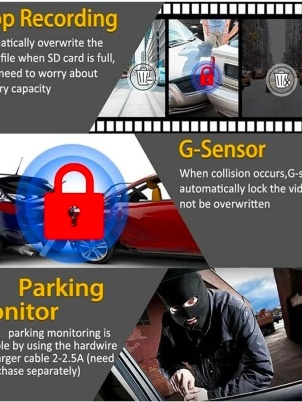 Car DVR 1080P Dash Cam Front Inside Rear Cameras Drive Video Recorder
